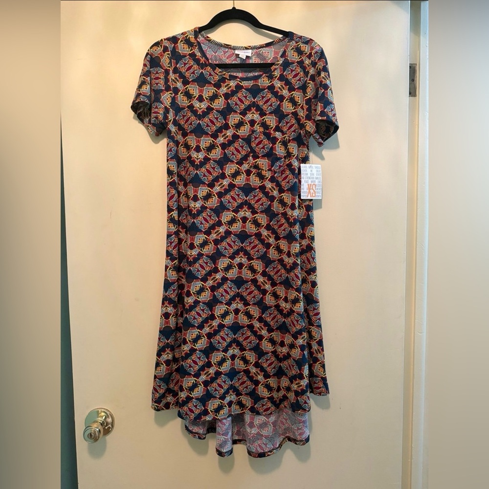 DONATING Thurs 8/6 NWT LuLaRoe Carly dress geometric red brown yellow green XS